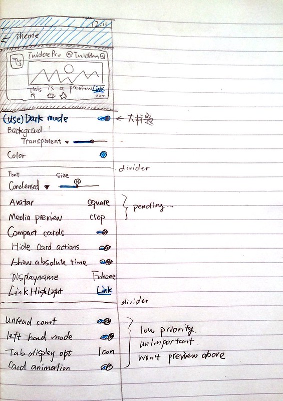 A scanned sketch of hand-drawn mobile App UI of Twidere