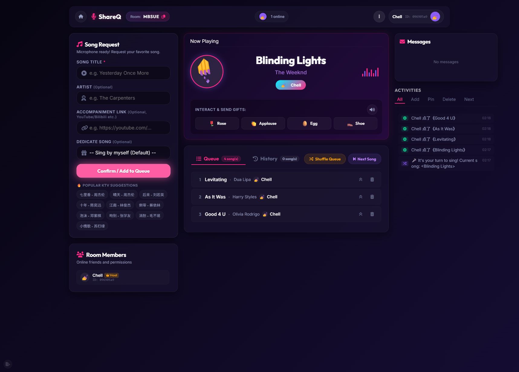ShareQ live karaoke room showing the current singer, audience reactions, and a populated song queue
