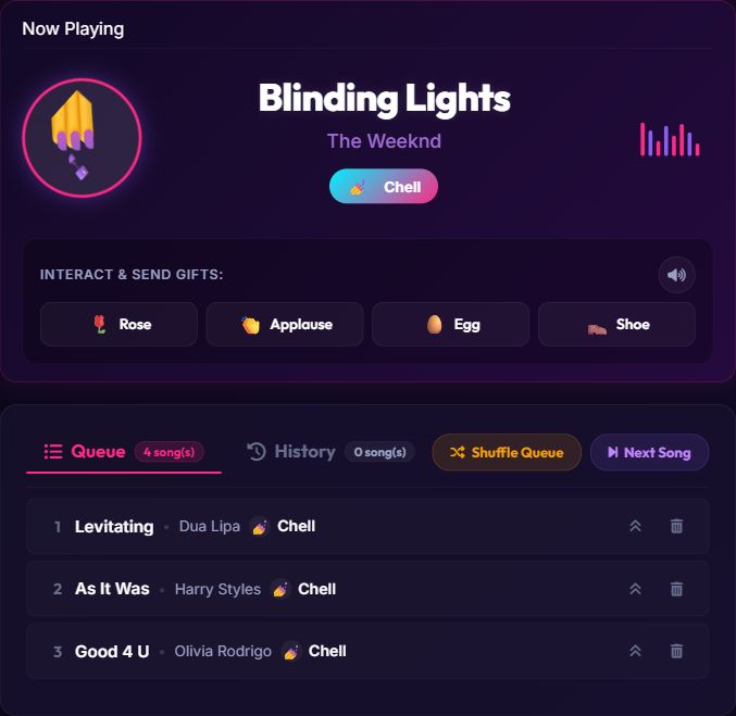 Current ShareQ now-playing panel showing a song, performer avatar, reaction controls, and upcoming queue